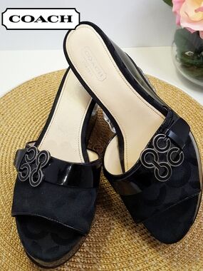 Vintage Y2K Coach GERI Black Signature Monogram CanvasWedge Slide Sandal